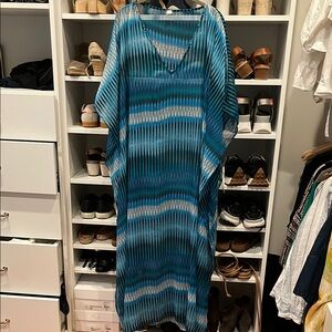 Blue and White Striped Kaftan Dress Beach Cover Up